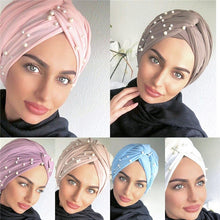 Load image into Gallery viewer, 2020 women stretch cotton turban Caps India hat female head Wraps islamic headscarf bonnet pearls turban hijab muslim turbantes - hameshasastastore